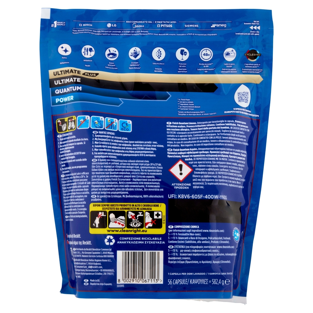 Finish Quantum Limone pastiglie lavastoviglie 56 lavaggi 582,4 g